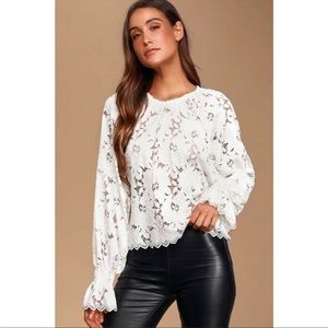 NWT Free People Lace Bell Sleeve Long Sleeve Top White Sheer Size Large